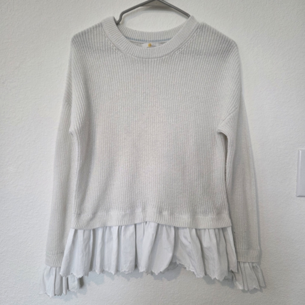 Boden Cream Knit Ruffle Hem Crewneck Sweater Alpaca Wool Blend Blouse Top Size 6